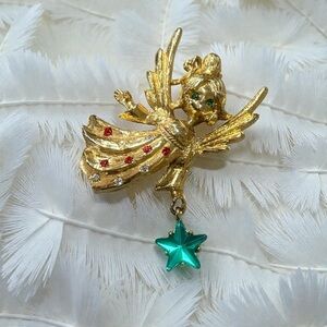 Vintage Mylu? Gold Angel Brooch with Green & Red Rhinestones